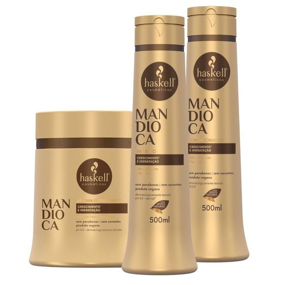 Imagem de Kit Haskell Mandioca Shampoo 500 ml + Condicionador 500ml + Mascara 500gr Brilho e Nutrição