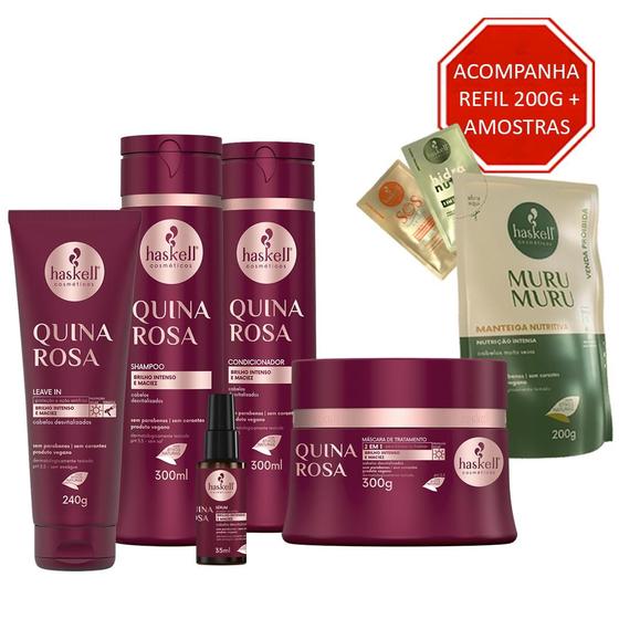 Imagem de Kit Haskell Quina Rosa Sh Cond Masc Leave in e Serum 300ml