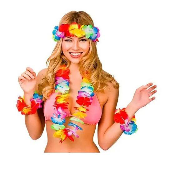 Imagem de Kit Havaiano Colar Coroa Pulseira Festas Carnaval 4 pçs - Festas e Decor