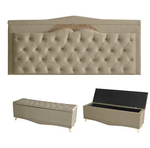 Imagem de Kit Helena Cabeceira De Cama Painel e Calçadeira Baú Casal 140 Cm Suede Bege Eli Móveis e Decoração