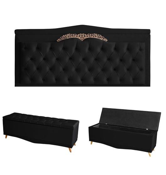 Imagem de Kit Helena Cabeceira De Cama Painel e Calçadeira Baú Queen 160 Cm Suede Preto Eli Móveis e Decoração