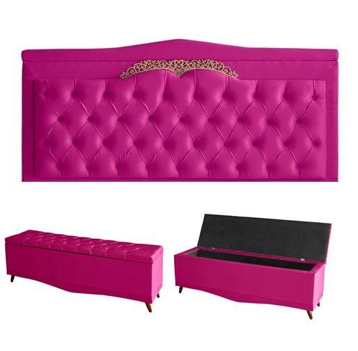 Imagem de Kit Helena Cabeceira De Cama Painel e Calçadeira Baú Queen 160 Cm Suede Rosa Pink Eli Móveis e Decoração