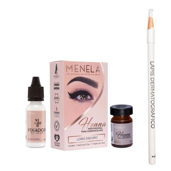 Imagem de Kit Henna de Sobrancelha Menela com Lápis Dermatografico Branco Bella Femme Profissional