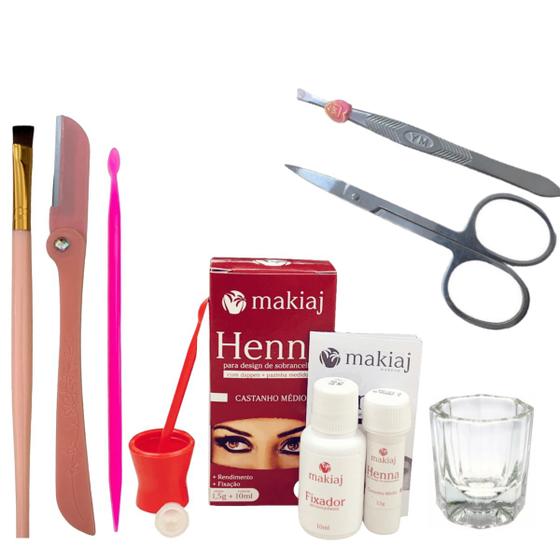 Imagem de Kit Henna Makiaj Design Sobrancelhas Pincel Navalha Tesoura Palito Dosador Dappen Pinça