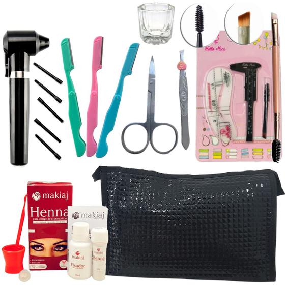 Imagem de Kit Henna Makiaj Sobrancelha Necessaire Mixer Pincel Navalha Pinça Tesoura Paquimetro