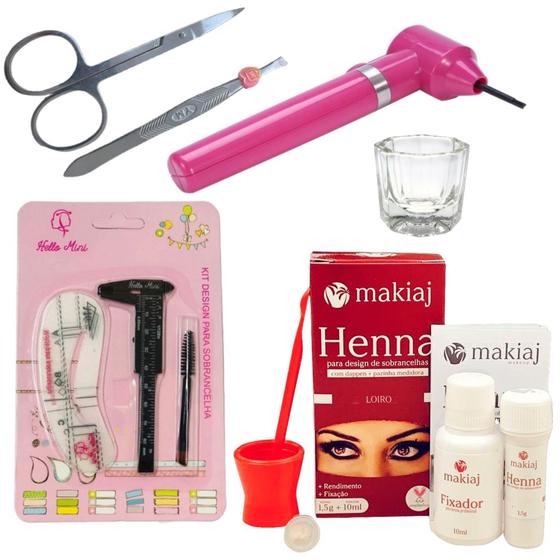 Imagem de Kit Henna Makiaj Sobrancelha Profissional Mixer Misturador Pinça Dappen Paquímetro Tesoura Pincel