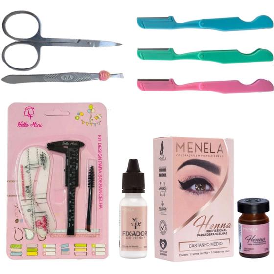 Imagem de kit henna menela sobrancelha designer profissional pincel duplo navalha pinça tesoura paquimetro