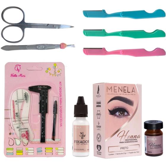 Imagem de kit henna menela sobrancelha designer profissional pincel duplo navalha pinça tesoura paquimetro