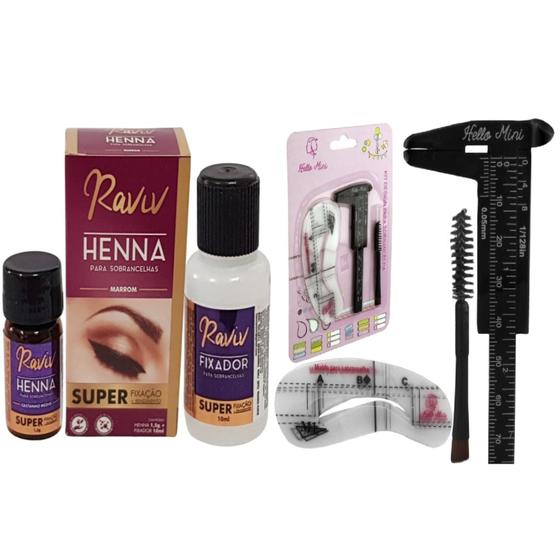 Imagem de Kit Henna Para Sobrancelha Raviv Profissional Pincel Duplo Paquimetro 8cm 6 Moldes Completo