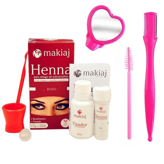 Imagem de Kit Henna Para Sobrancelhas Makiaj Profissional Espelho Coração Navalha e Escova