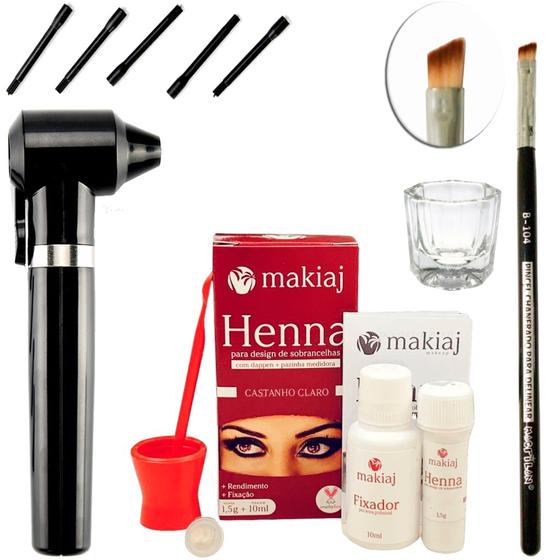 Imagem de Kit Henna Sobrancelha Completo Profissional Makiaj Mixer Misturador Pincel Macrilan Dappen Vidro