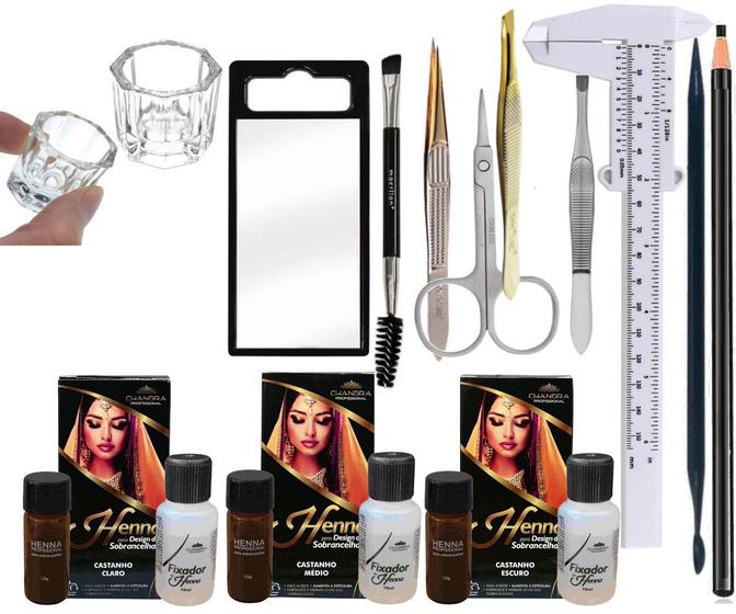 Imagem de kit henna sobrancelha Iniciante com materiais macrilan pinças tesoura pincel chanfrado lápis dappen