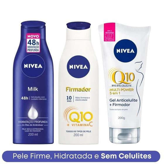 Imagem de Kit Hidratação Corporal: Hidratante Milk 200ml + Loção Firmador Q10 200ml + Hidratante Gel Anticelulite 200g Nivea