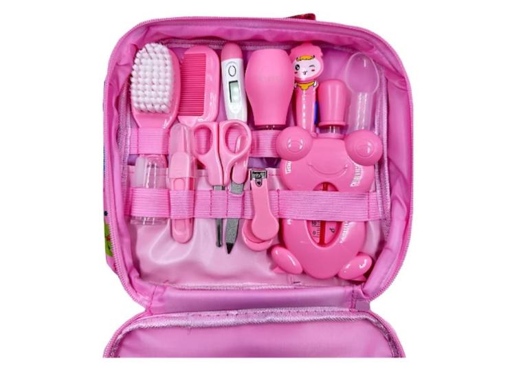 Kit Higiene 13 peças Cuidados Saúde Bebê Termômetro Recém Nascido Cor Rosa - Baby Care kit