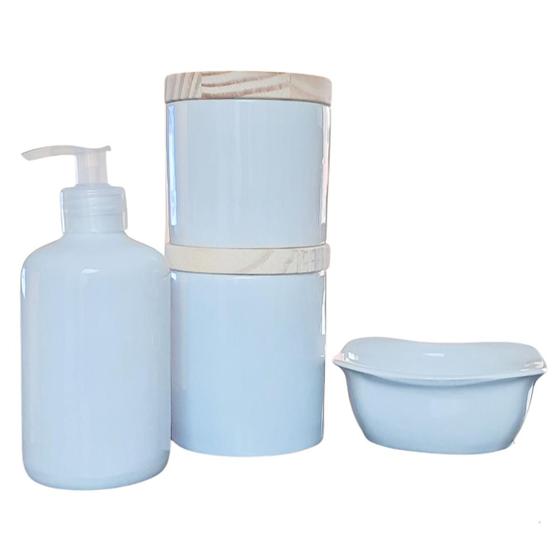 Imagem de Kit higiene bebê 4 peças - Potes, porta álcool e molhadeira -Porcelana Branca tampa pinus