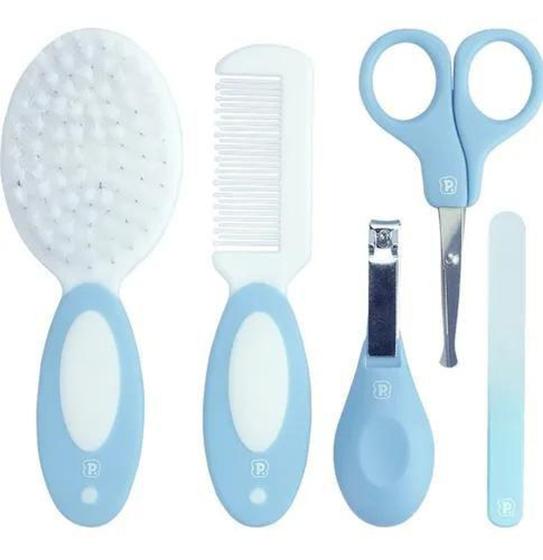 Imagem de Kit Higiene Bebê 5 peças azul Cortador de unha, Tesoura, Lixa, pente e escova pimpolho