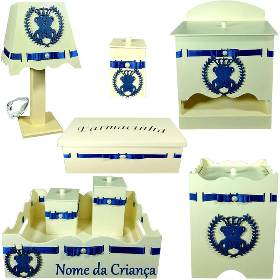 Imagem de Kit Higiene bebê 8 peças Passa Fita - CREME COM URSINHO AZUL MARINHO
