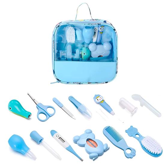 Imagem de Kit Higiene Bebê Azul Escova Tesoura Aspirador Nasal Bolsa