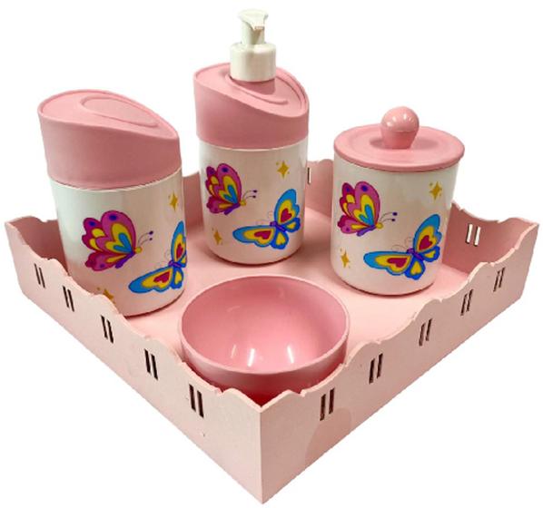 Imagem de Kit Higiene Bebê Borboleta Menina com Bandeja Quadrada Rosa