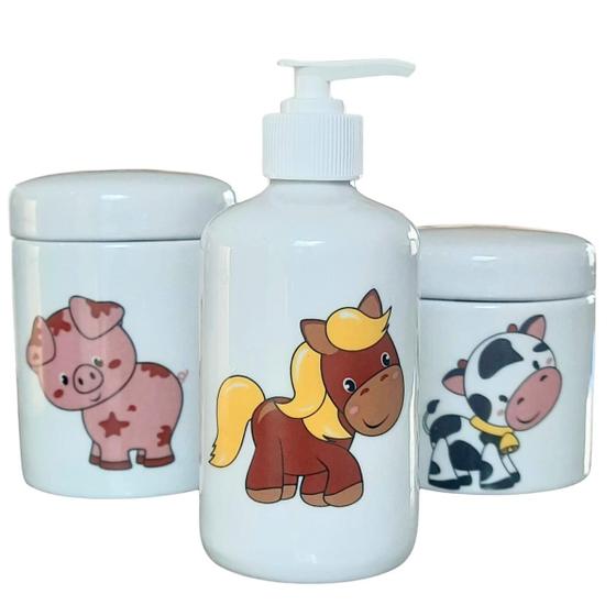 Imagem de Kit higiene bebê Fazendinha 3 peças - potes e porta álcool - Peças Porcelana