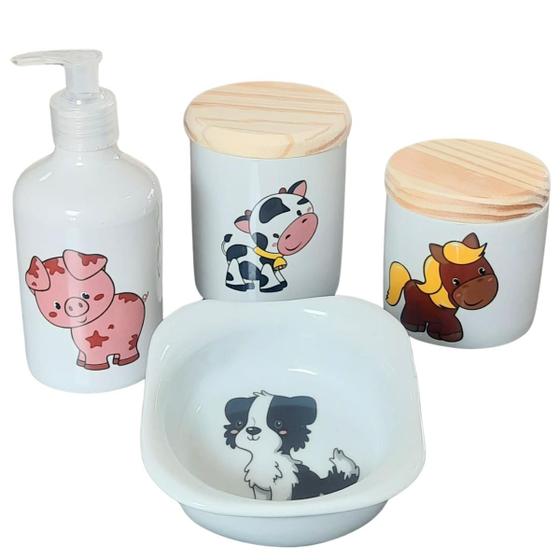 Imagem de Kit higiene bebê Fazendinha 4 peças - Porcelana e Pinus