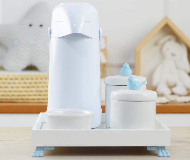 Imagem de Kit Higiene Bebê K012 Moderno Térmica Banho Porcelana Bandeja Espelho Urso Cavalo Azul