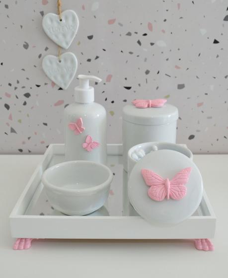 Imagem de Kit Higiene Bebê K014 Rosa Coroa Ovelha Passarinho Ursa Moderno Bandeja MDF branca Potes Porcelana