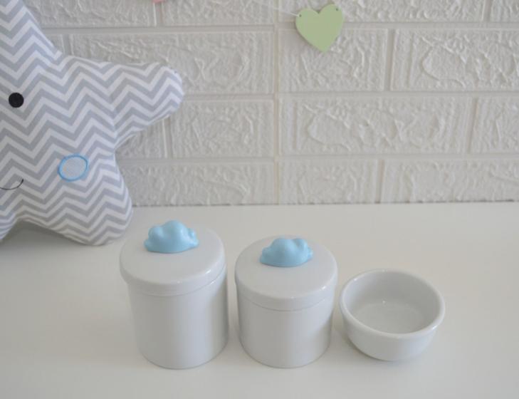 Imagem de Kit Higiene Bebê K015 Porcelanas Aplique Urso Coroa Cavalo Ovelha Azul Decoração Quarto
