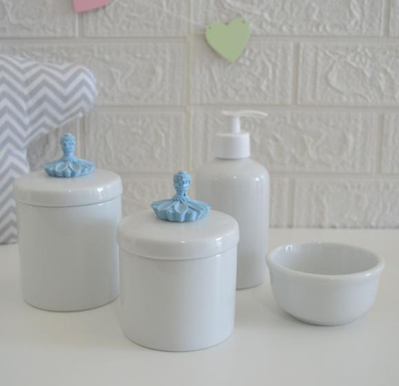 Imagem de Kit Higiene Bebê K016 Porcelana Azul Banho Cuidado Quarto Menino Decoração