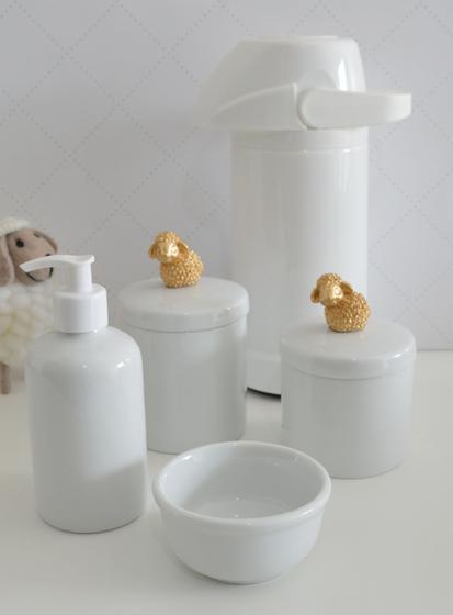 Imagem de kit Higiene Bebê K021 Potes Cotonete Coroa Dourado Algodão Limpeza Porcelana Multi Uso Térmica 500ml