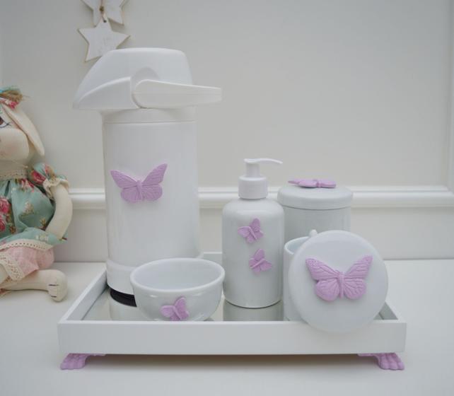 Imagem de Kit Higiene Bebê K030 Borboleta Infantil Moderno Porcelanas Bandeja Menina Térmica