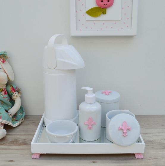 Imagem de Kit Higiene Bebe K030 Completo Infantil Rosa Moderno Porcelanas Bandeja Menina Térmica 500 ml Gel