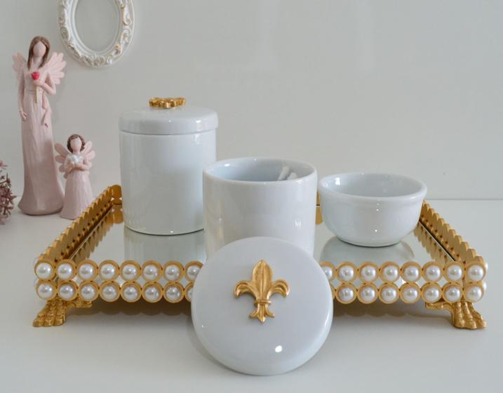 Imagem de Kit Higiene Bebê K036 Porcelana Bandeja Pérola Dourado Banho Cuidado Quarto Menino Menina