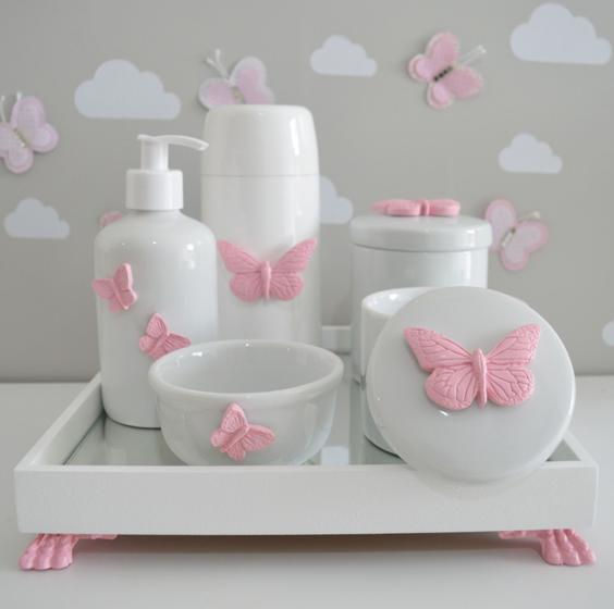 Imagem de Kit Higiene Bebê K045 Borboletas Rosa Bandeja Mini Térmica Porcelana Moderno