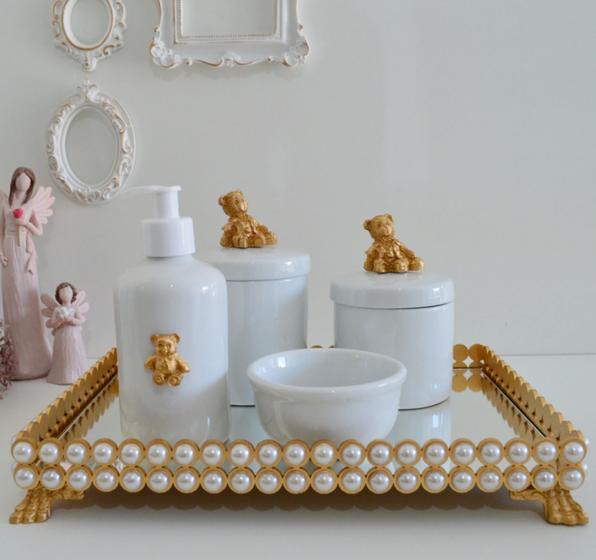 Imagem de Kit Higiene Bebê K056 Porcelana Bandeja Pérola Dourado Banho Cuidado Quarto