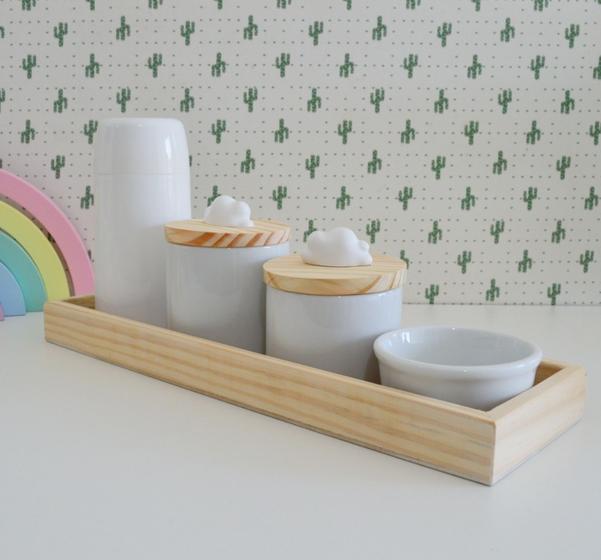 Imagem de Kit Higiene Bebê K069 Porcelanas Bandeja Pinus Nuvem Mini Térmica Branca