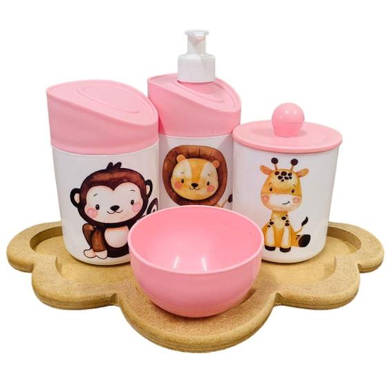 Imagem de Kit Higiene Bebê Leão, macaco e girafa c/bandeja nuvem crua