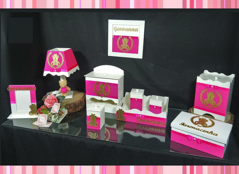 Imagem de Kit Higiene bebê Mdf 10 peças - ROSA PINK COM BOLINHAS DE URSINHA