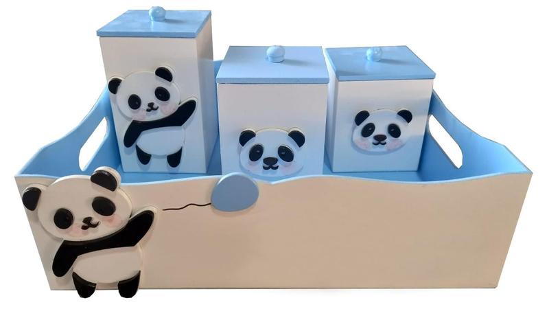 Imagem de Kit Higiene Bebê MDF 4 Peças Cesta Organizadora Panda Azul