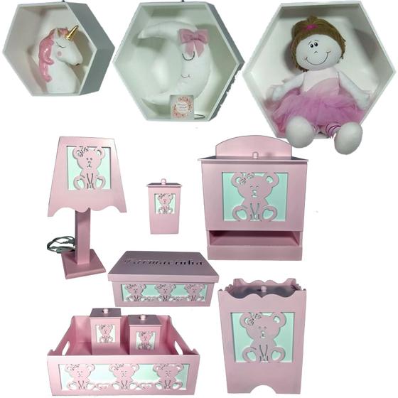 Imagem de Kit Higiene bebê mdf 8 pçs + 3 Nichos Brancos - URSINHA ROSA (Pronta Entrega)