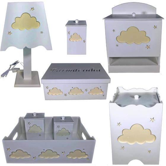 Imagem de kit higiene bebe mdf decorado 8 pçs - NUVEM CREME