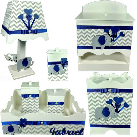 Imagem de Kit Higiene bebê Mdf menino 7 pçs - CHEVRON CINZA DE ELEFANTE AZUL MARINHO