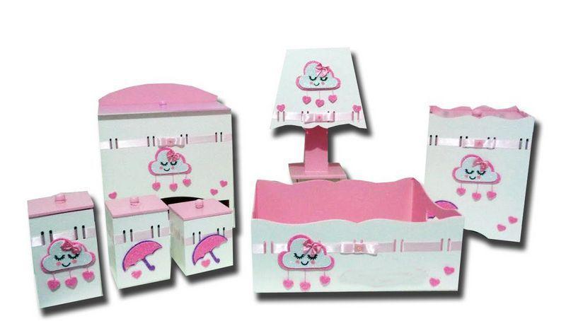 Imagem de Kit Higiene Bebê MDF Nuvem Chuva de Amor Chuva de Bençãos Rosa