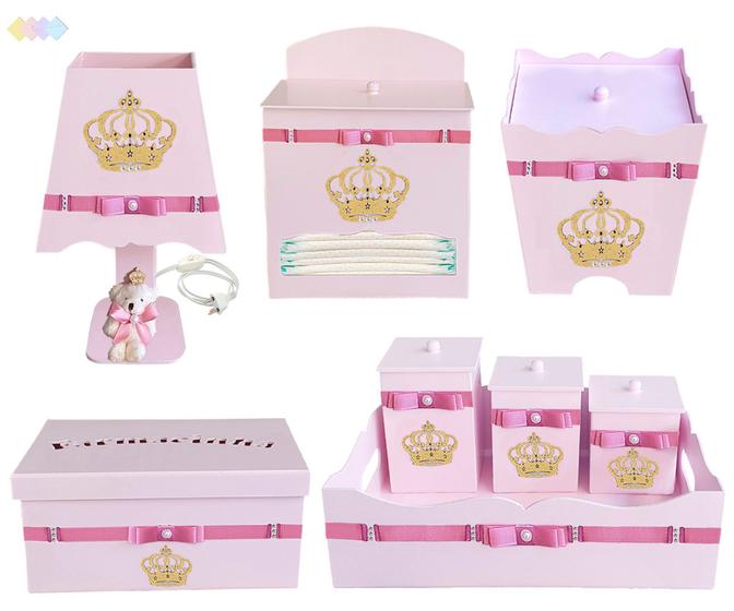 Imagem de Kit Higiene Bebê Menina Coroa Princesa com 8 Peças em Madeira Mdf Decorado