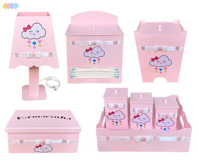 Imagem de Kit Higiene Bebê Menina Rosa com 8 Peças Tema Chuva de Amor em Madeira Mdf Decorado