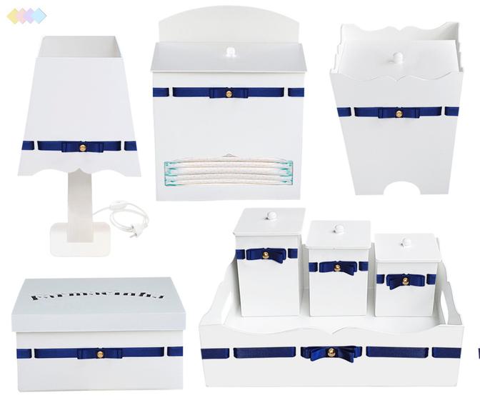 Imagem de Kit Higiene Bebê Menino com 8 peças Cor Azul e Fitas de Cetim Branca