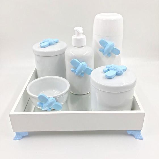 Imagem de Kit Higiene Bebê Porcelana Avião Azul Bandeja Mdf Garrafa 6pçs