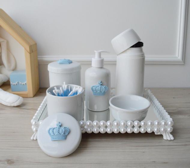 Imagem de Kit Higiene Bebê Porcelana Bandeja Pérola Banho K048 Azul