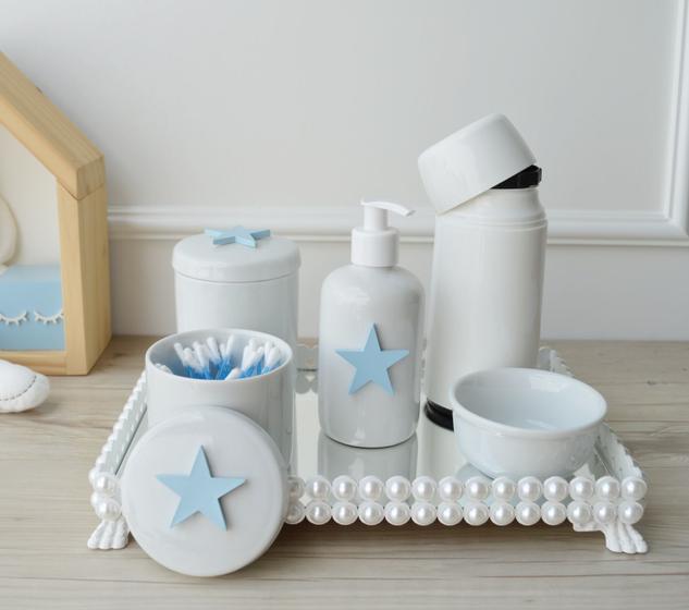 Imagem de Kit Higiene Bebê Porcelana Bandeja Pérola Banho K048 Azul