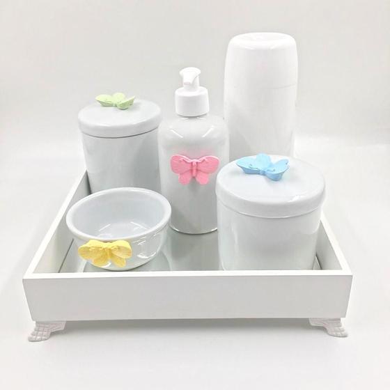 Imagem de Kit Higiene Bebê Porcelana Borboleta Cores Bandeja Mdf Garrafa 6pçs